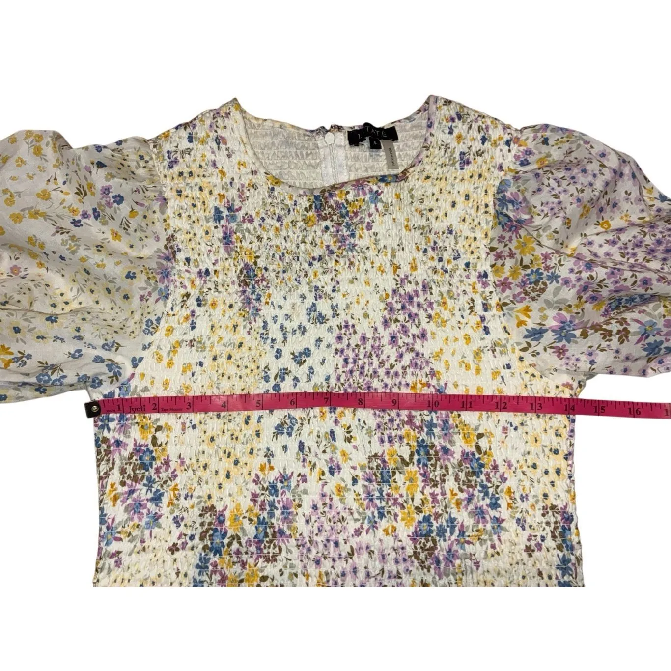 1. State 100% Cotton smocked floral long sleeve bishop sleeve Blouse size small - Image 6