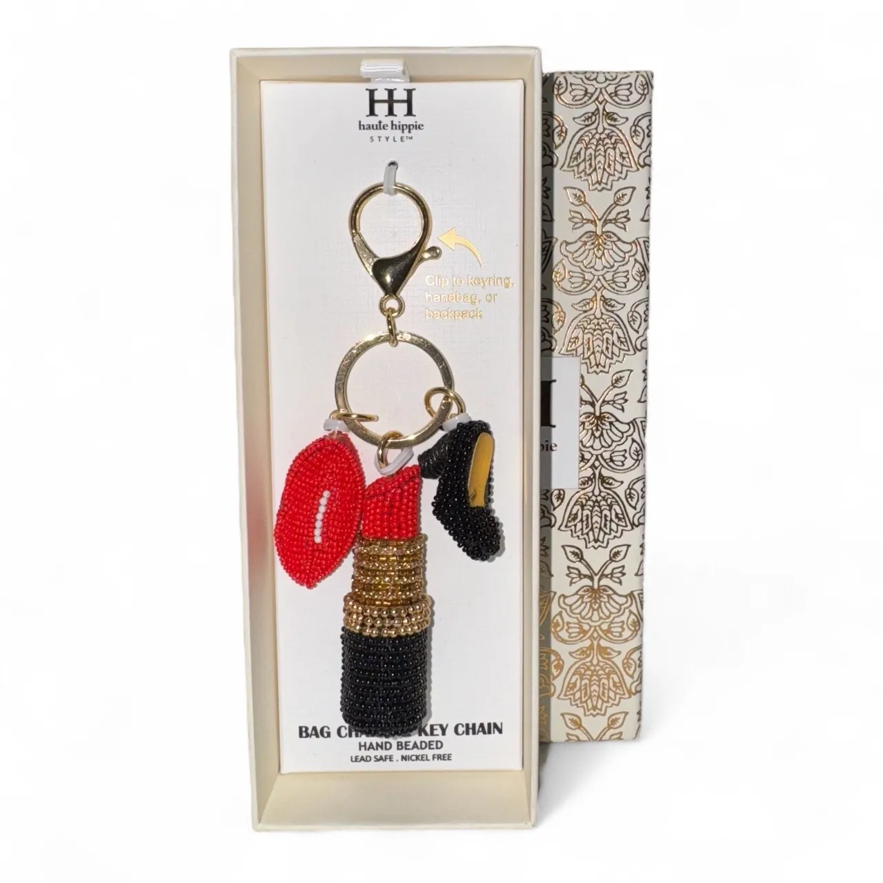 Haute Hippie Style Beaded Lipstick Kiss High Heel‎ Bag Charm Keychain Red - Image 3