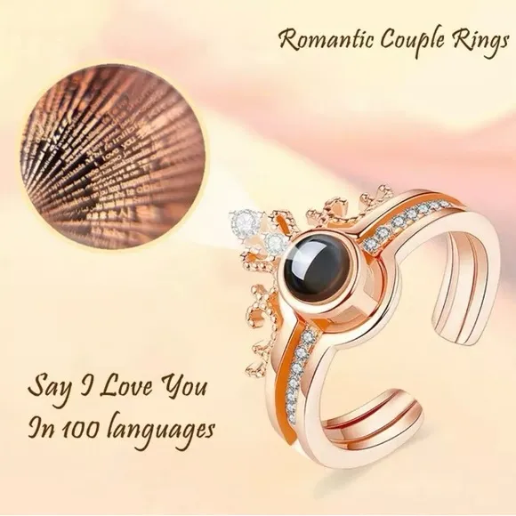 2 in one Rhinestone Crown Ring I Love You 100 Languages Projection open Ring new - Image 2
