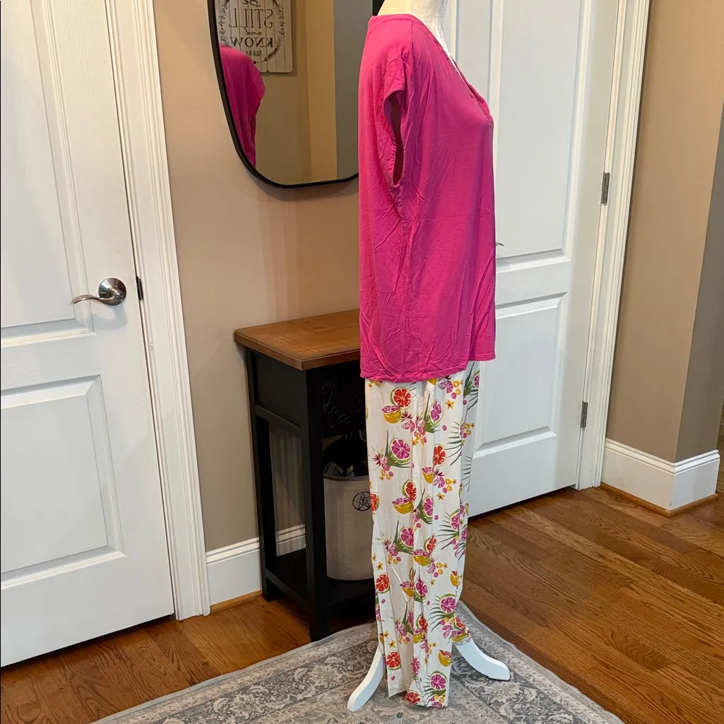 Soma Cool Nights Hot Pink Pajama Set V-Neck Top & Citrus Print Pants Size L - Image 7