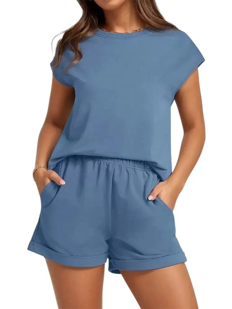 Women's Solid Regular Short Sleeves T-shirt & Solid Elastic Waist Shorts - Image 6