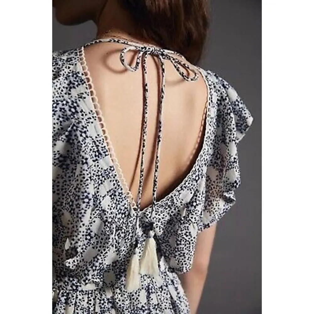 Anthropologie V-neck Plunge Tunic Mini Dress Women’s Small Floral Blue White - Image 4