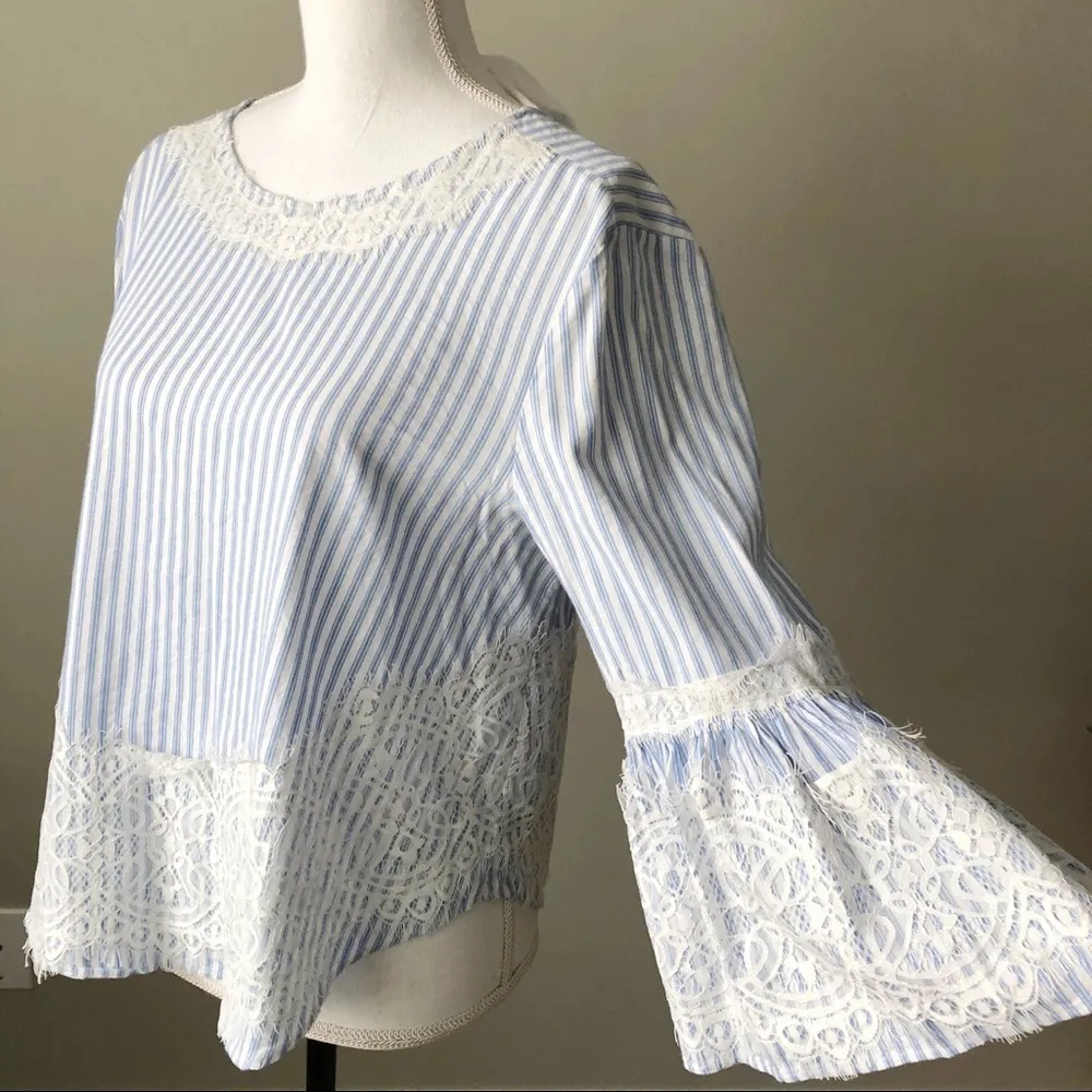 ZARA | Blue White Stripe Lace Detail Blouse - Image 5