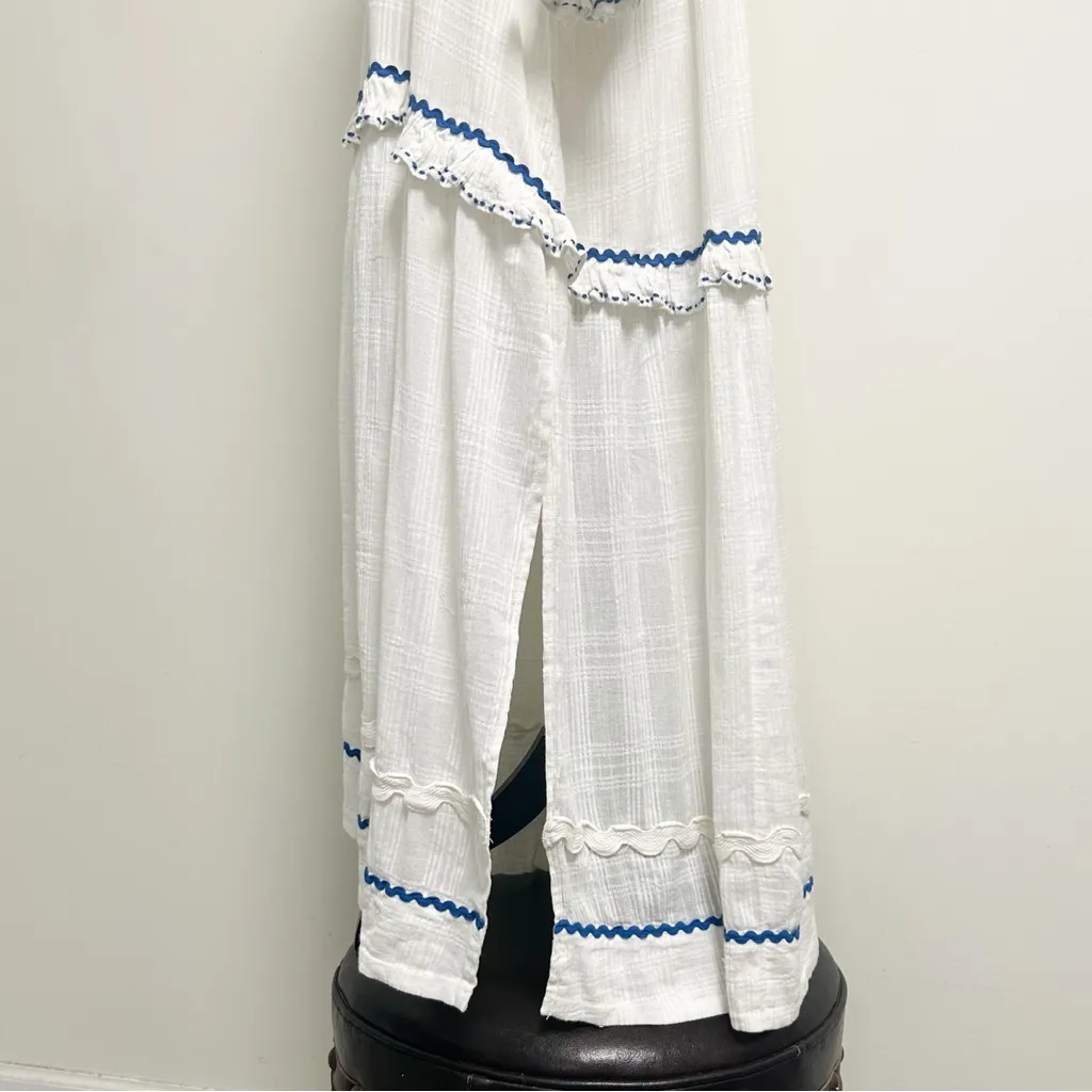 Free People White Blue Woven Thank Me Later Long Puff Sleeve Tiered Maxi Dress - Image 5