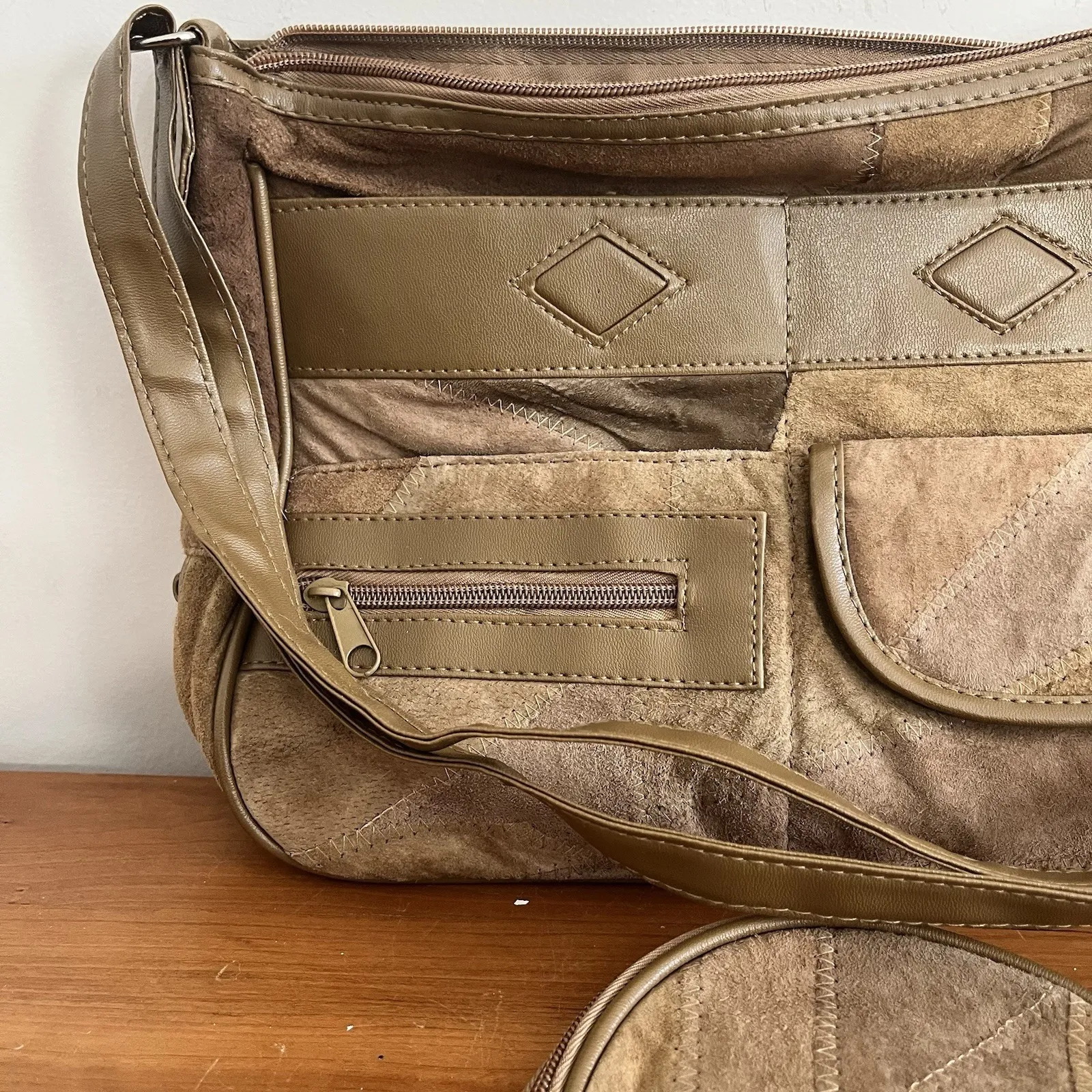 Patchwork Soft Leather & Suede Handbag Purse Shoulder Bag & Coin Purse Tan Brown - Image 3