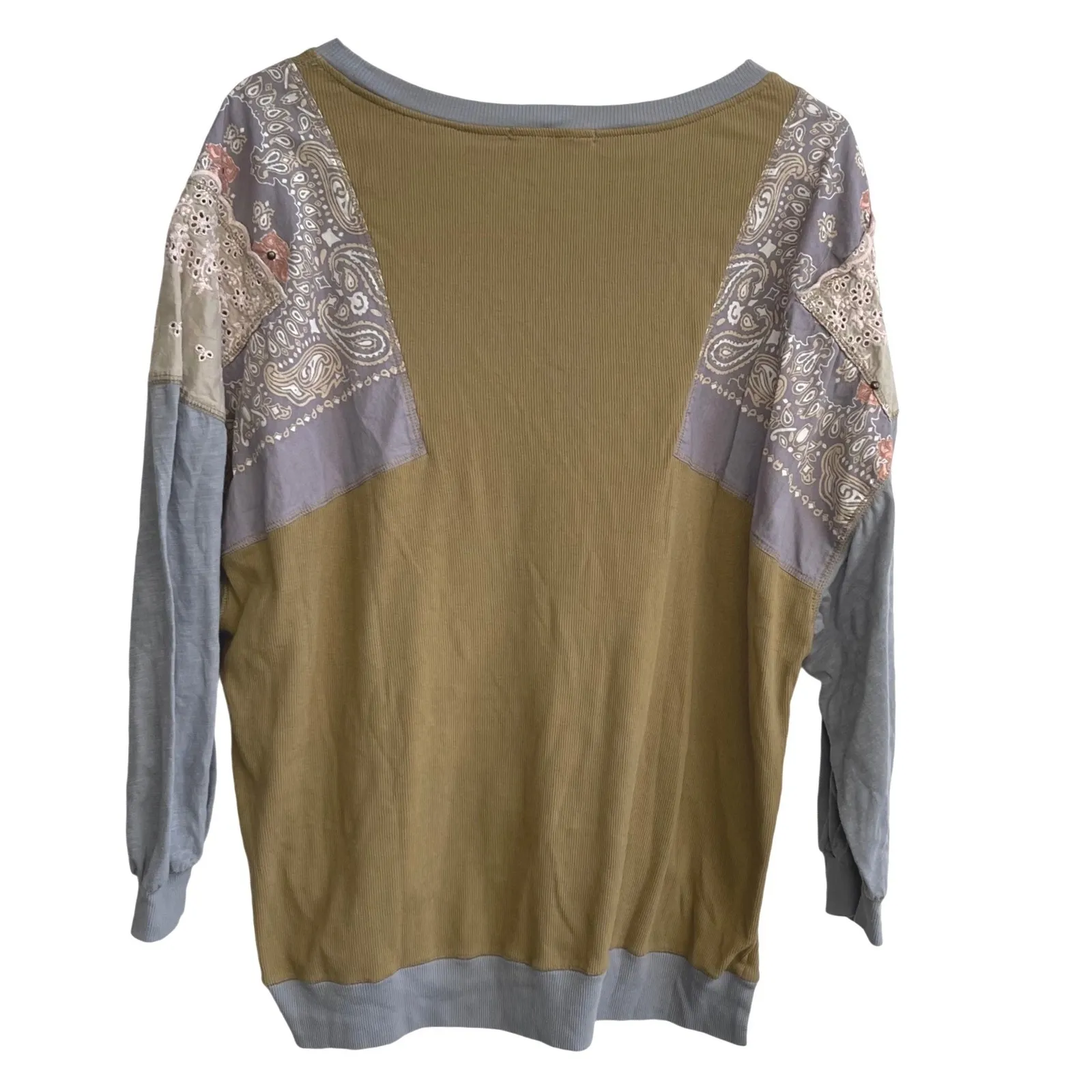 Free People Feeling It Patchwork Sweatshirt Jersey Khaki Blue Paisley Small - Image 6