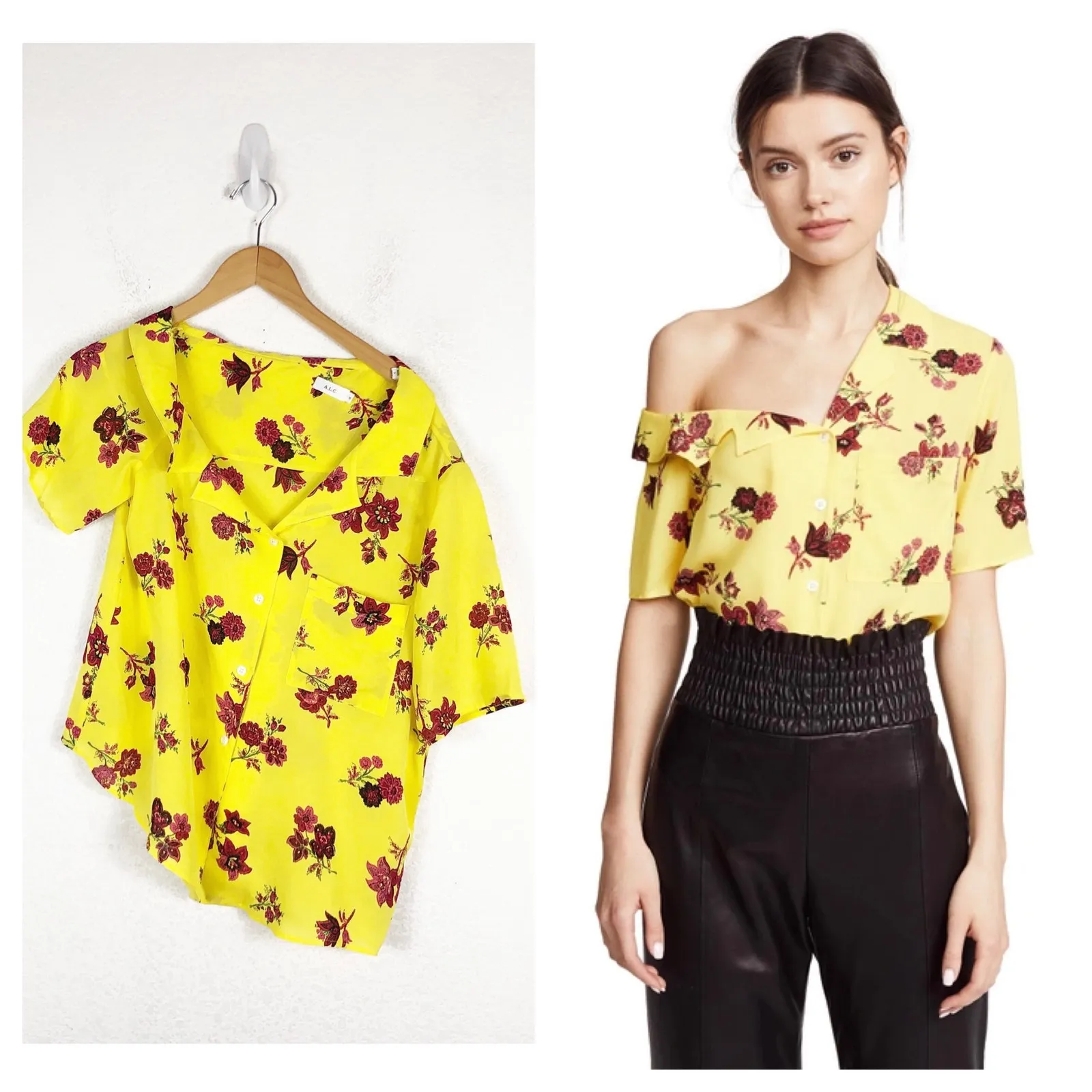 A.L.C. Josephine Yellow Floral Off Shoulder 100% Silk Top Size 10 Bohemian - Image 2