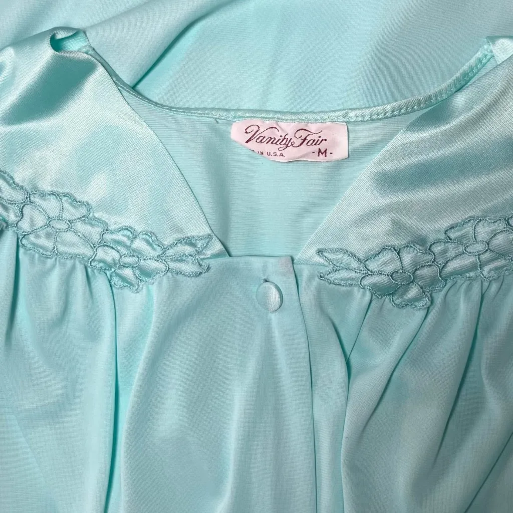 Vintage 70s Turquoise Vanity Fair Pajama Set S/M Retro Embroidered Floral Satin - Image 10