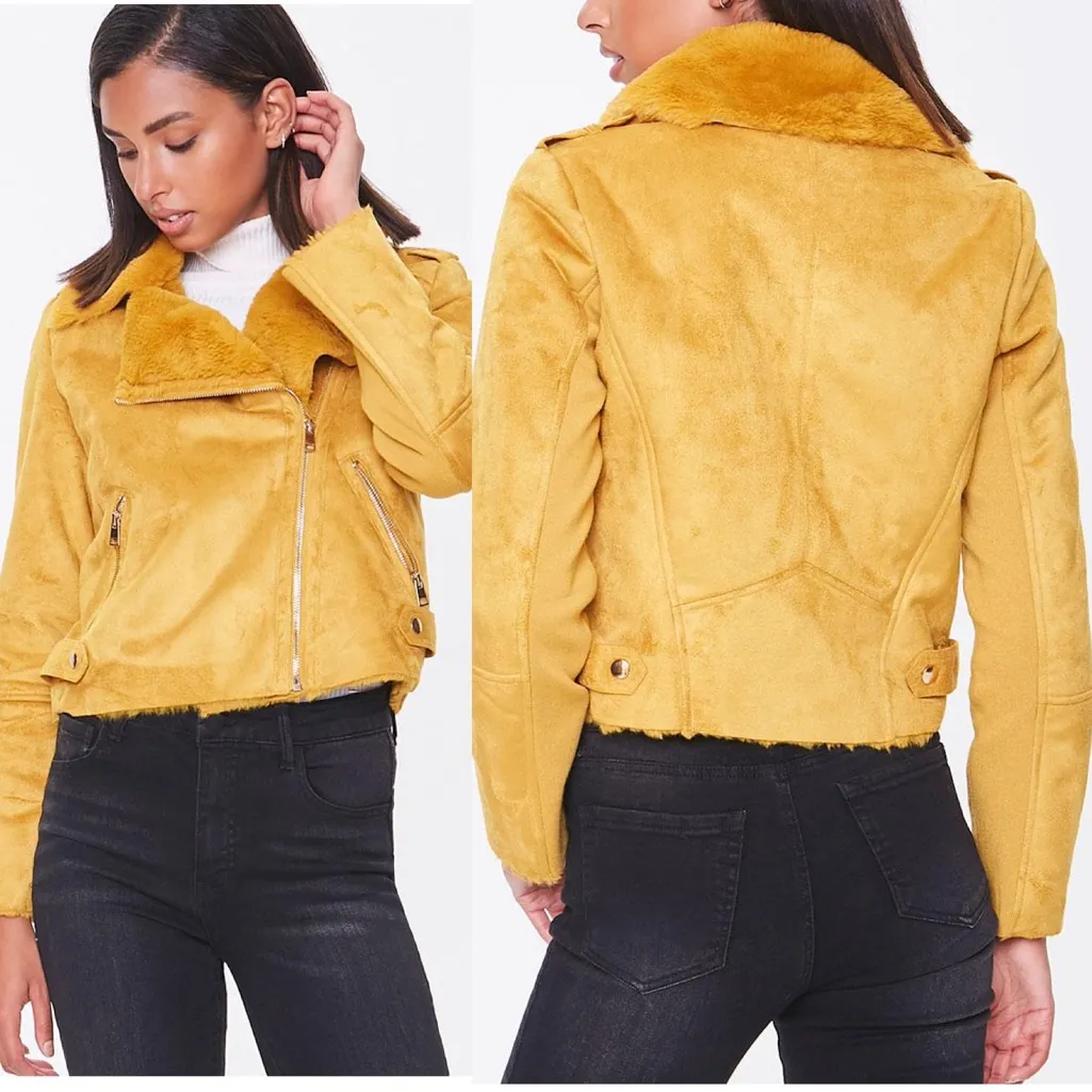 NWT Forever 21  Yellow Faux Fur-trim Moto Jacket - Image 2