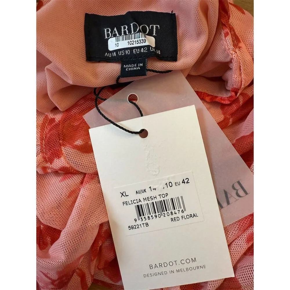 Bardot Women's Felicia Mesh Top Size 10 Red Floral Ruched Blouse - Image 10