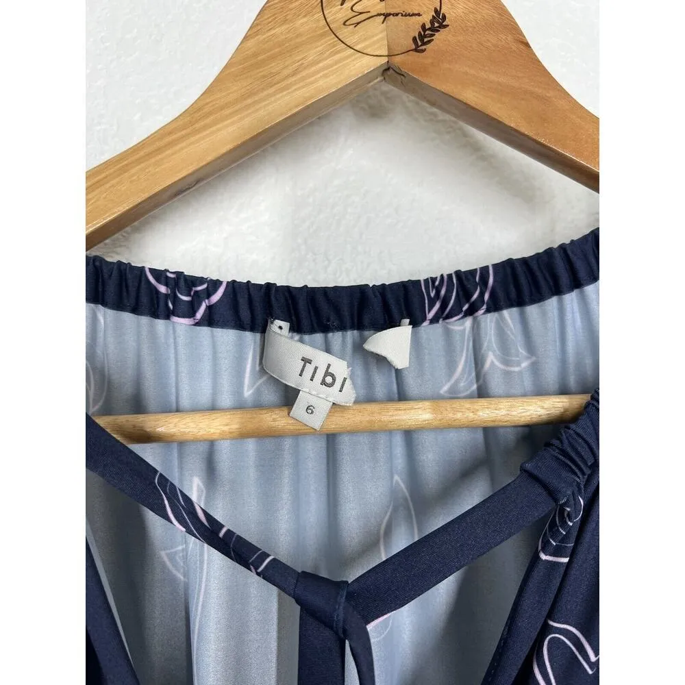 Tibi Remi Print Jersey Midi Dress Size 6 Navy Shirred Long Sleeves - Image 3