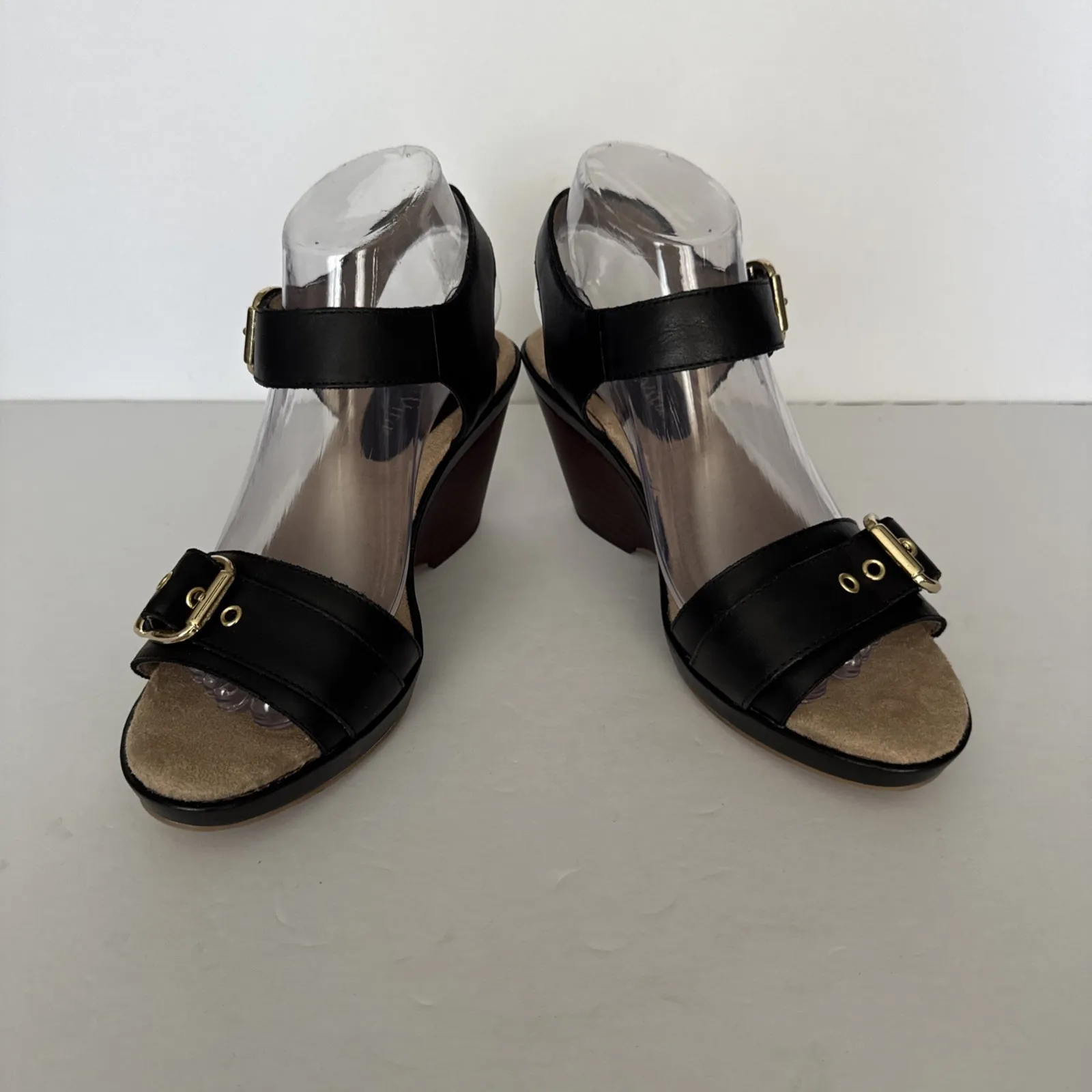 Bella-Vita Wedge Heels Jinny Black Gold Metal Buckles Neutral Gothic Size 8 Wide - Image 4