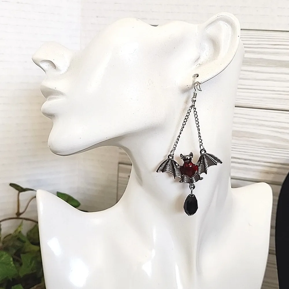 Silver Bat Chandelier Earrings with Crystal New Red - Image 5