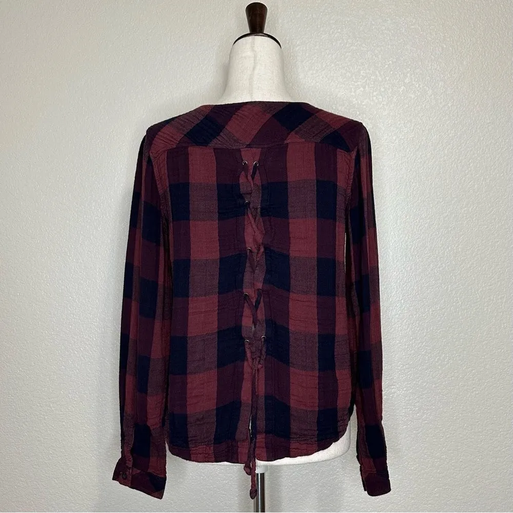 Anthropologie Cloth & Stone Gauze Plaid Lace Back Blouse Top, Sz Small - Image 7