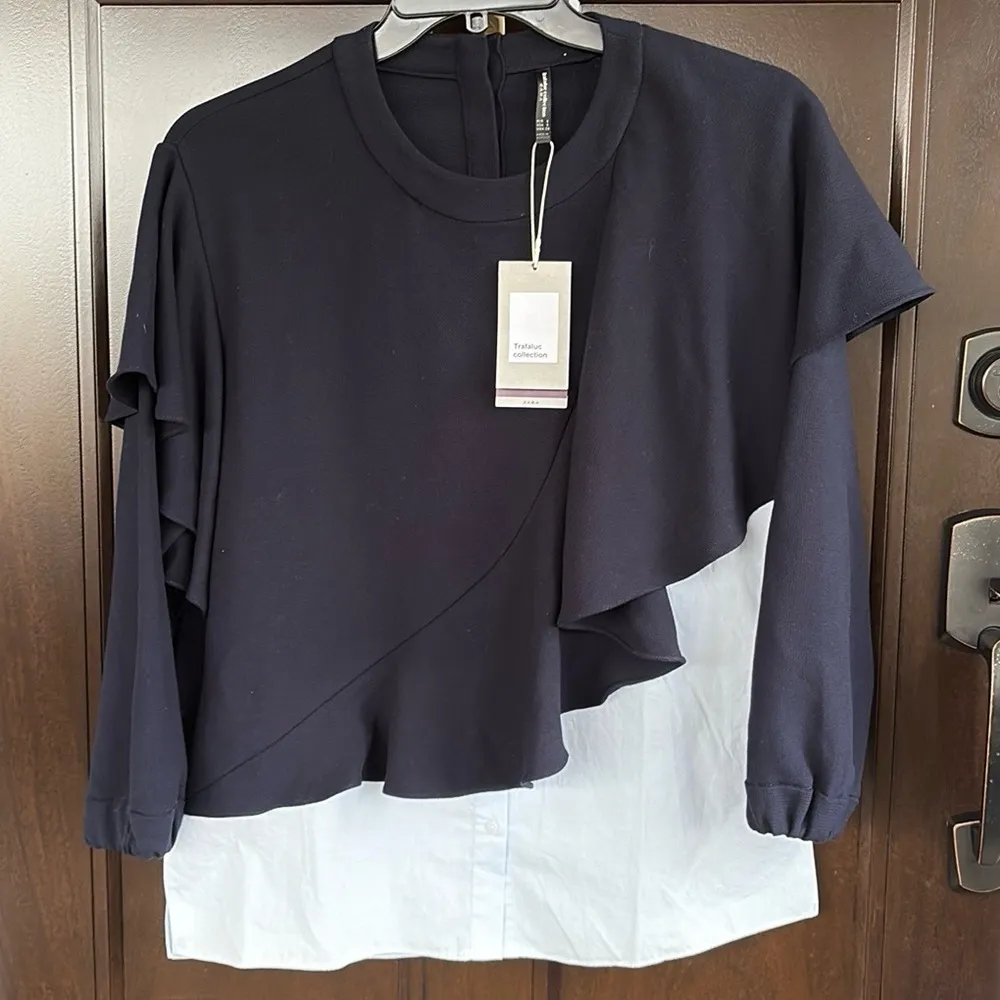 NWT Zara Ruffled Sweatshirt / Button Front Combo Top Blue White Oversized Small - Image 2
