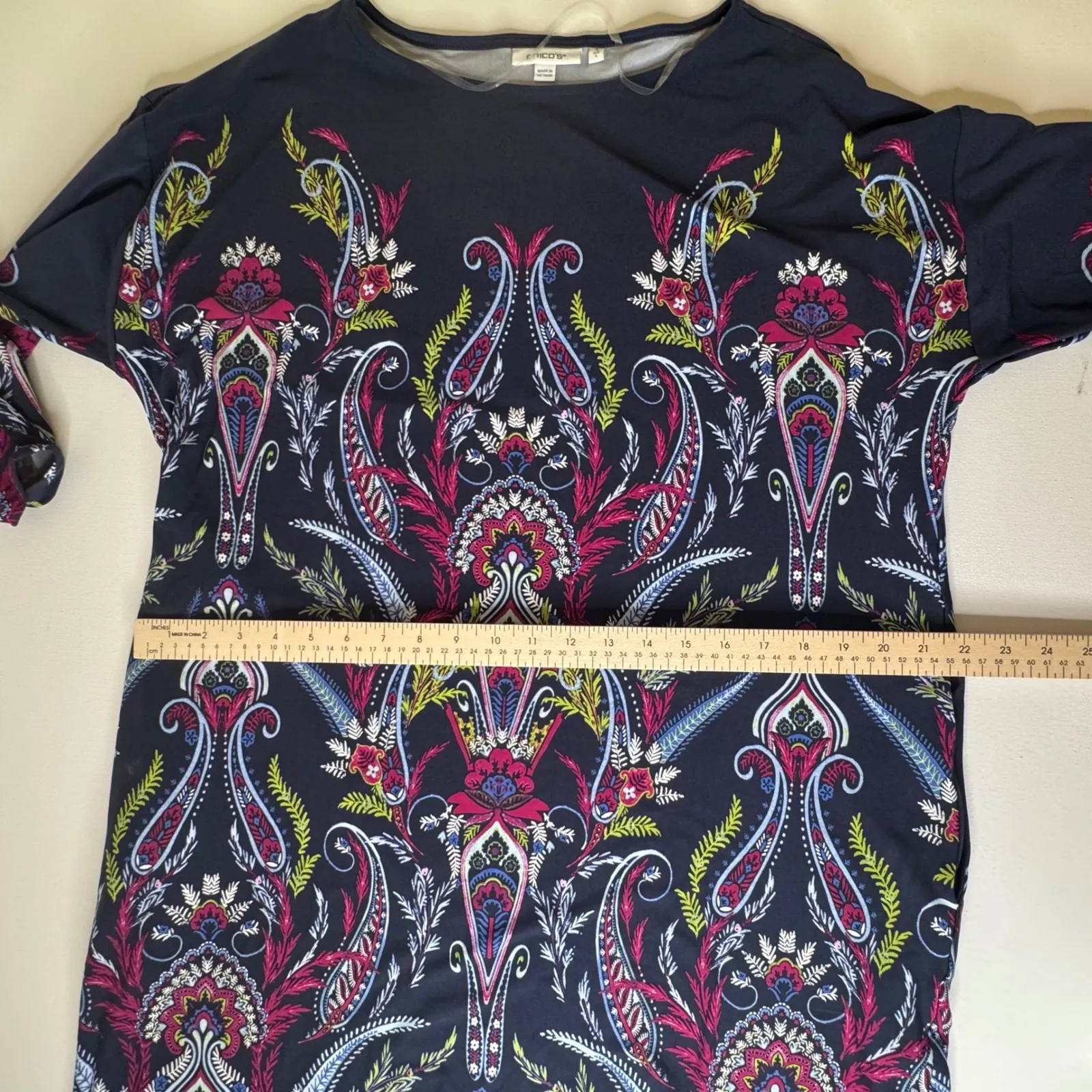 Chicos Ruched Sleeve Midi Dress Size 2 Large Multi Paisley Floral Stretch Office - Image 13