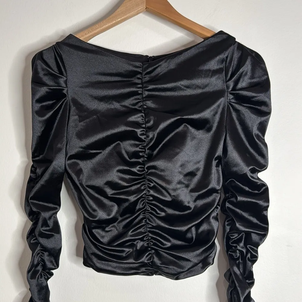 H&M Satin Black Puff Long Sleeve Ruched Gathered Boatneck Party top Size S - Image 4