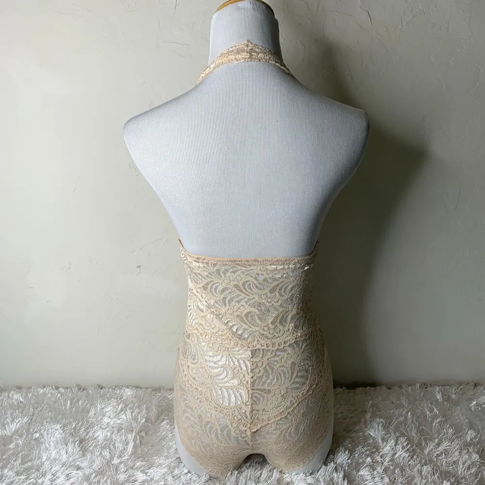 Sheer Lace Bodysuit Ivory Beige Floral Pattern Halter Neck Sz Medium - Image 2
