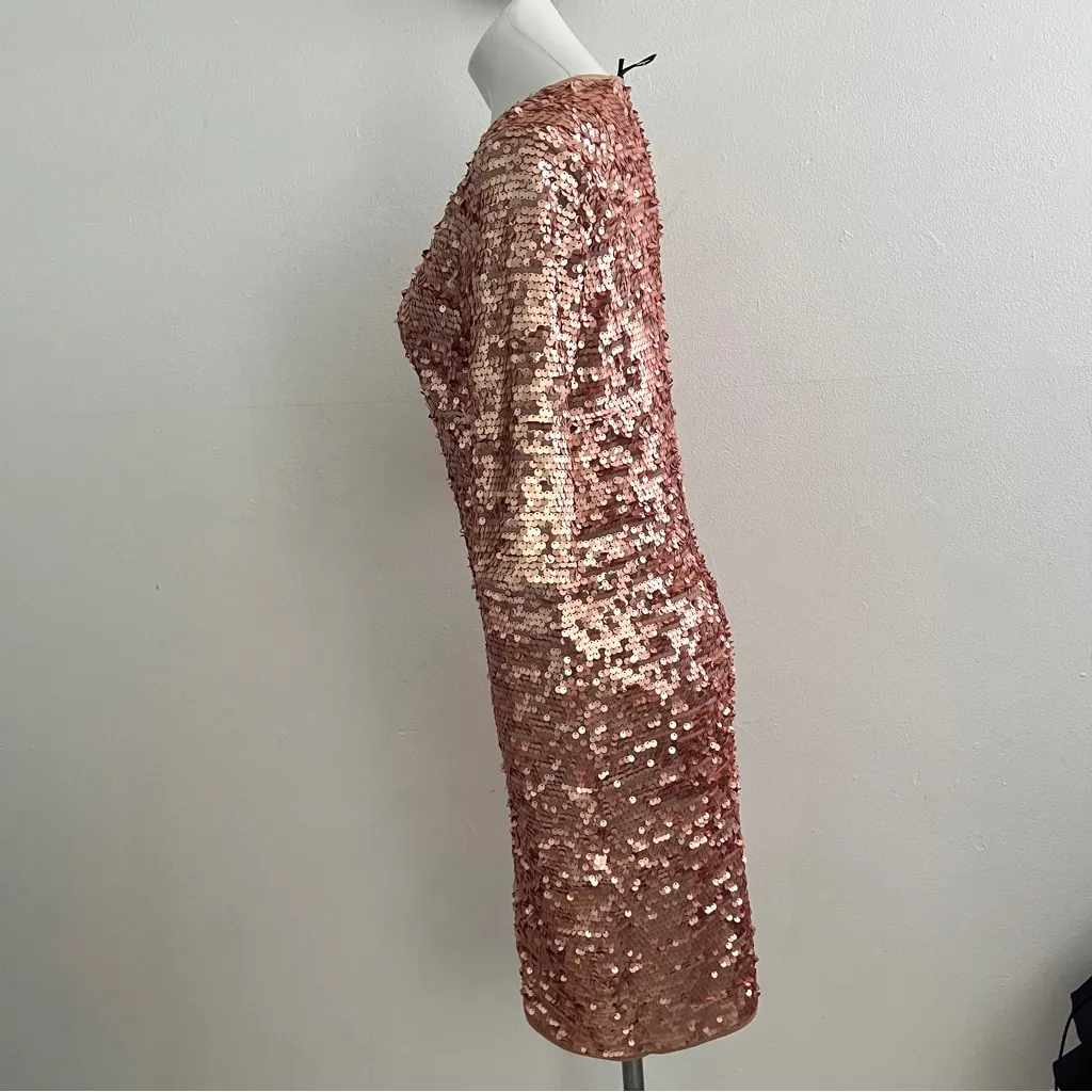 BCBGMAXARIA SEQUIN DRESS MARTA ROSE GOLD FITTED STRETCH PARTY HOLIDAY LARGE - Image 6