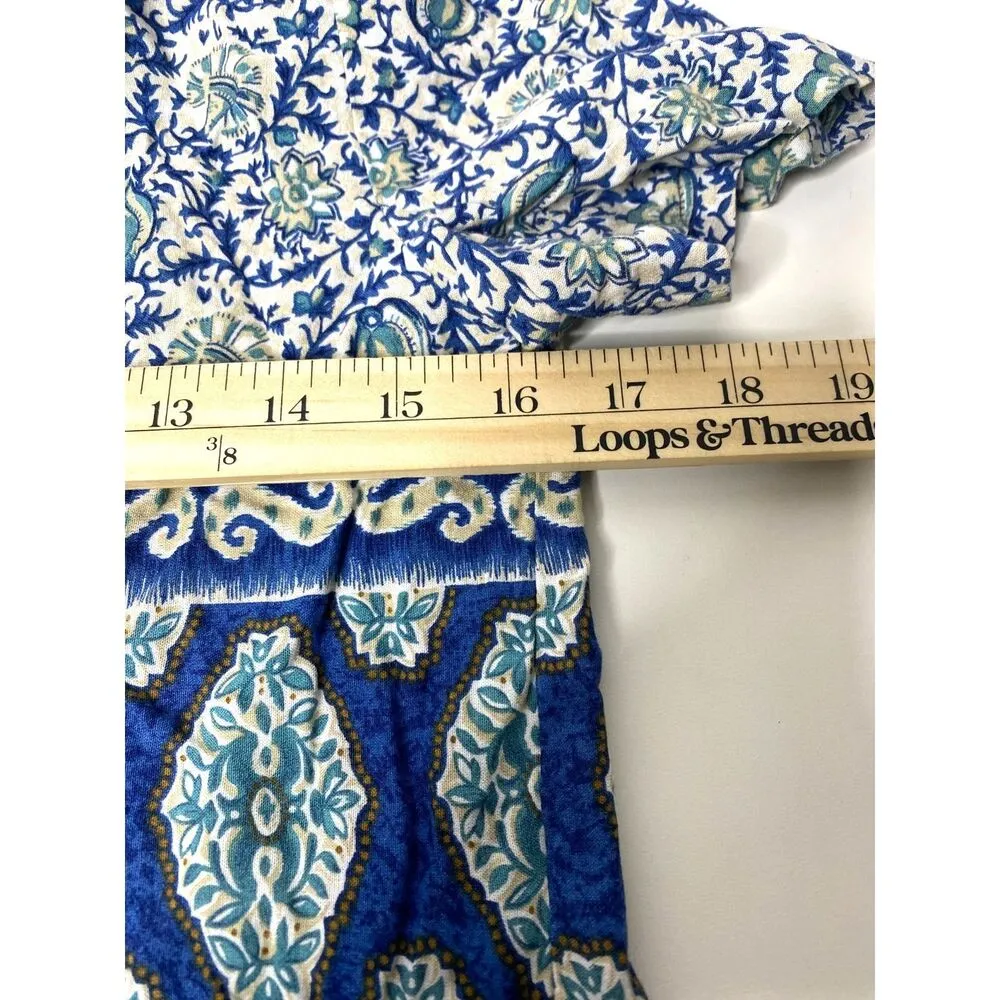 Vintage Ms Choice Floral Cropped Shoulder Pad Button Down 90s Rayon Shirt USA 8 Blue - Image 5