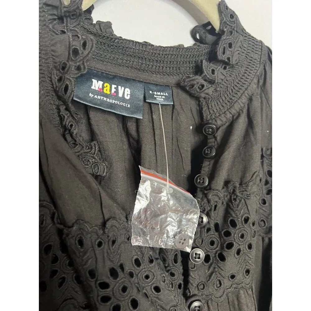 NEW Anthropologie Maeve Long-Sleeve Lace Mini‎ Dress Black Eyelet Babydoll XS - Image 6