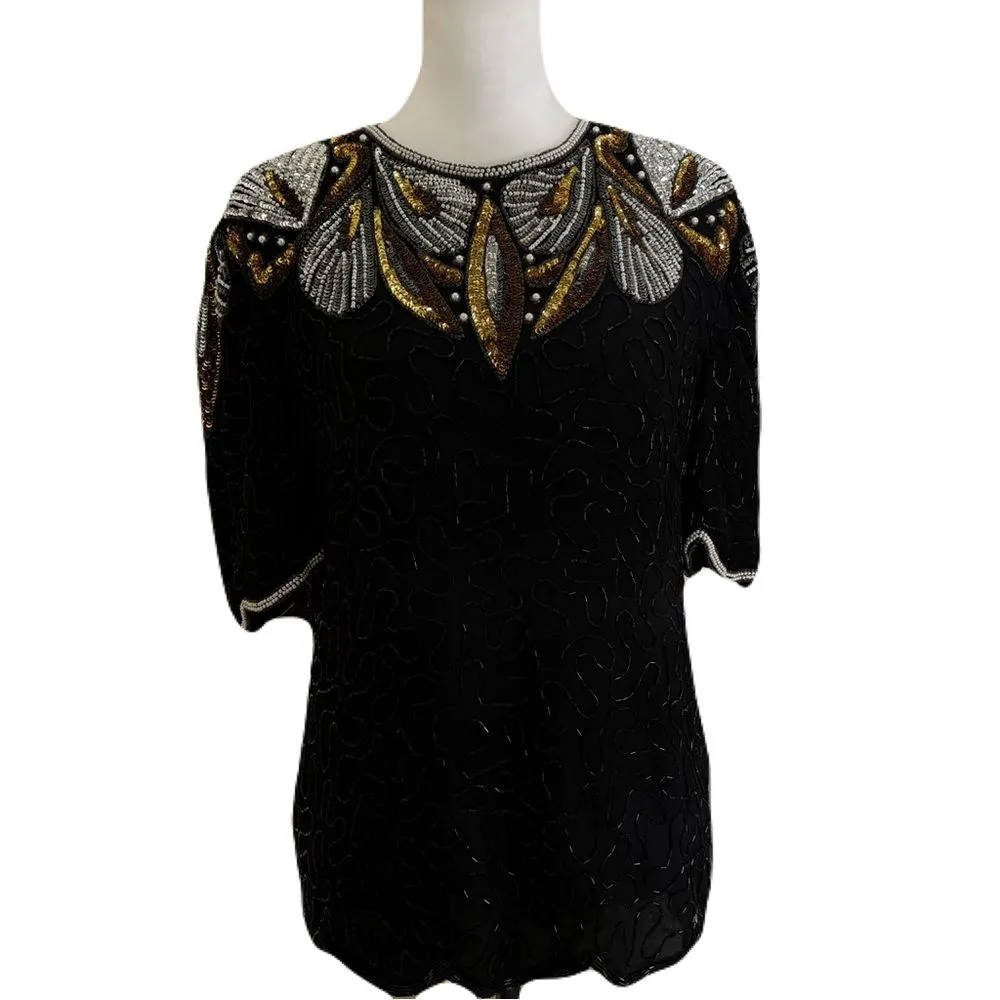 Laurence Kazar Black Beaded & Sequin Top | Silver & Gold Detail | Size M - Image 2