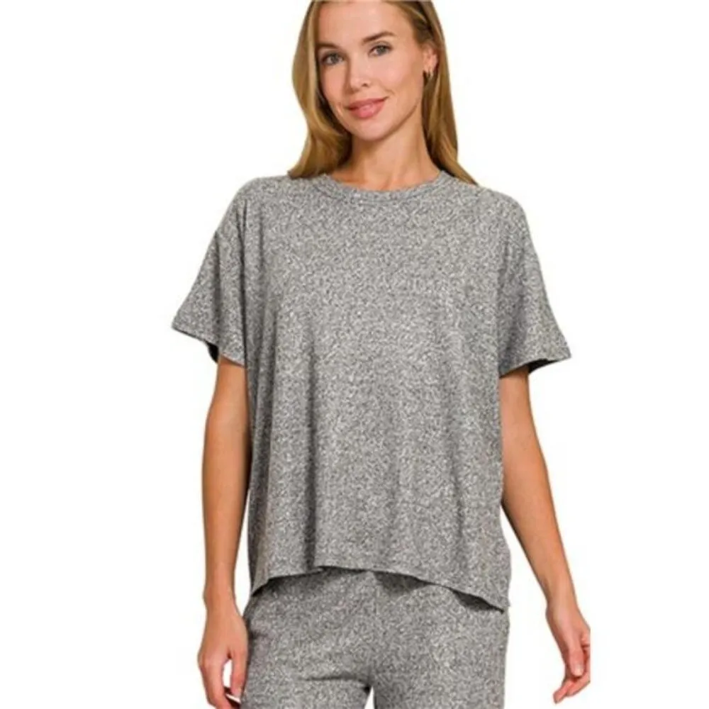 Zenana Soft Melange Short Sleeve Tee & Long Pants Set - Image 2