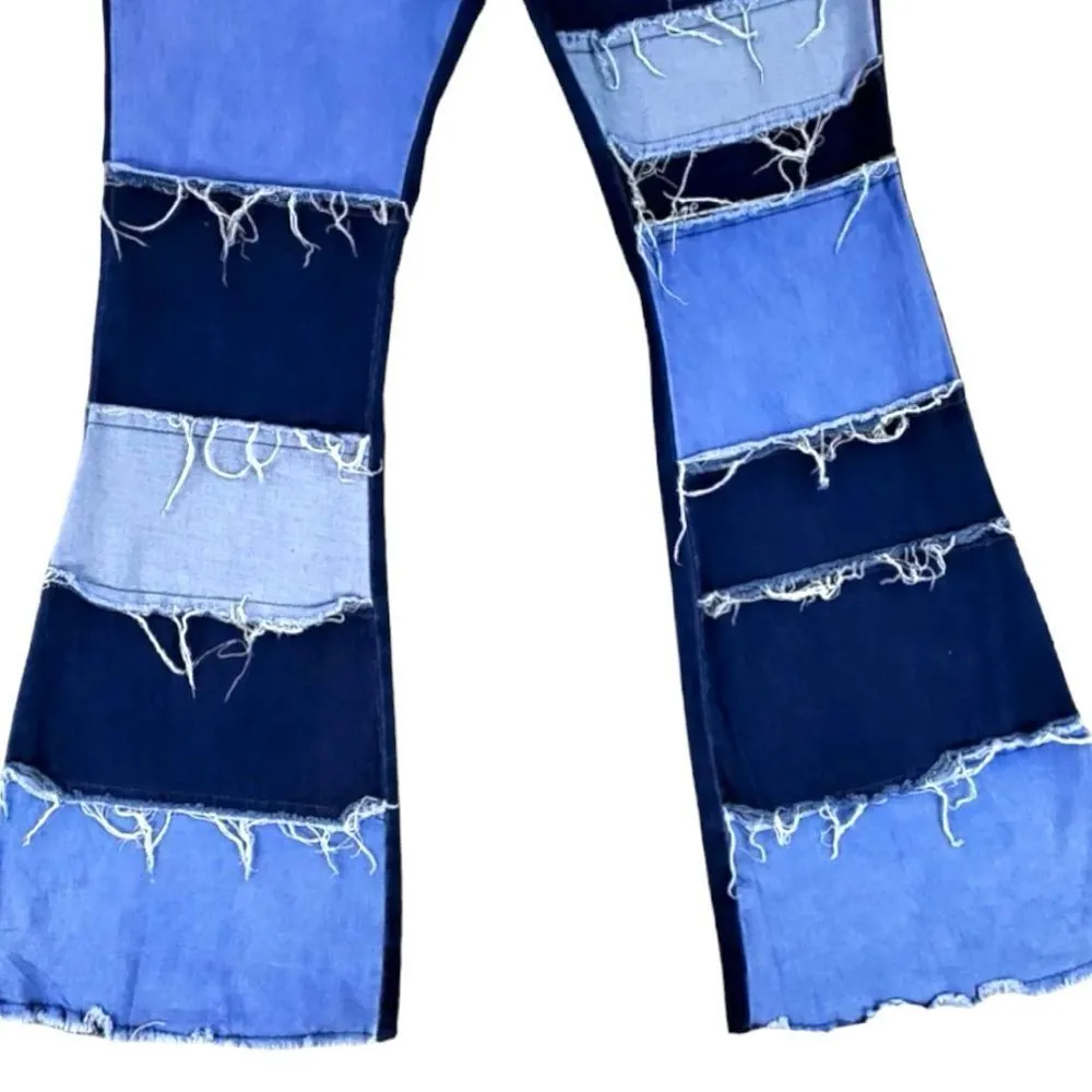 Retro 70’s vibe patchwork look high rise stretchy flared leg jeans! New! Blue Size undefined - Image 3