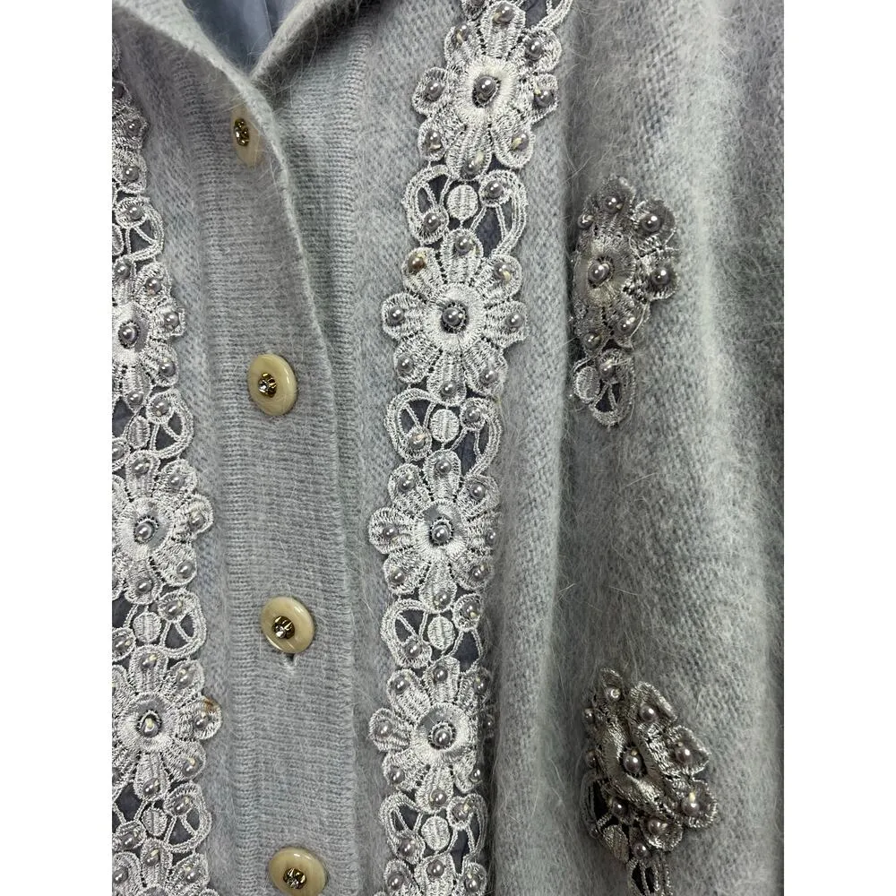Beldini Vintage Gray Angora Beaded Sweater Cardigan Medium - Image 13