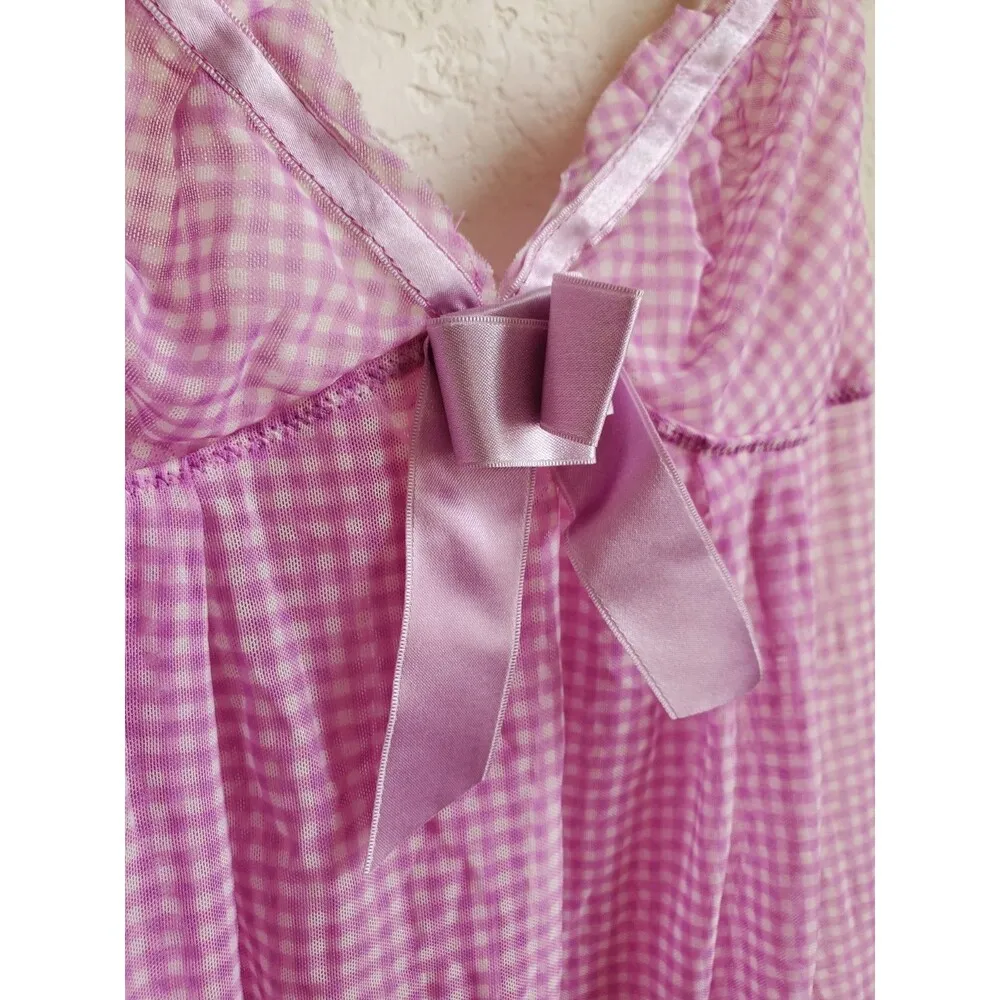 Victoria's Secret Babydoll Women Medium Bow Slip Semi Sheer Cami Pink Silky Trim - Image 4