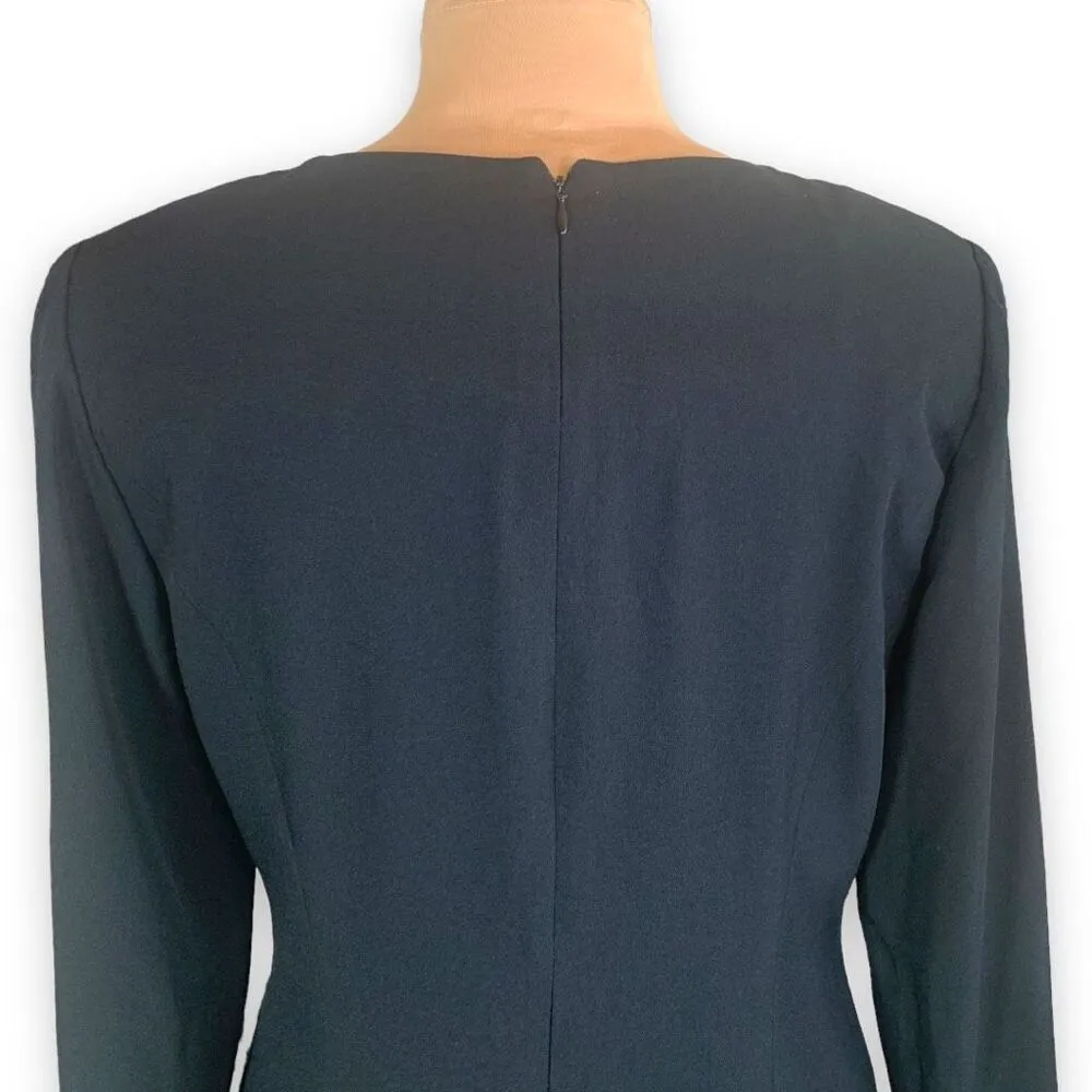 Vintage 80s Black Drop Waist Dress Gold Chain Trim Long Sleeve Crewneck Medium - Image 7