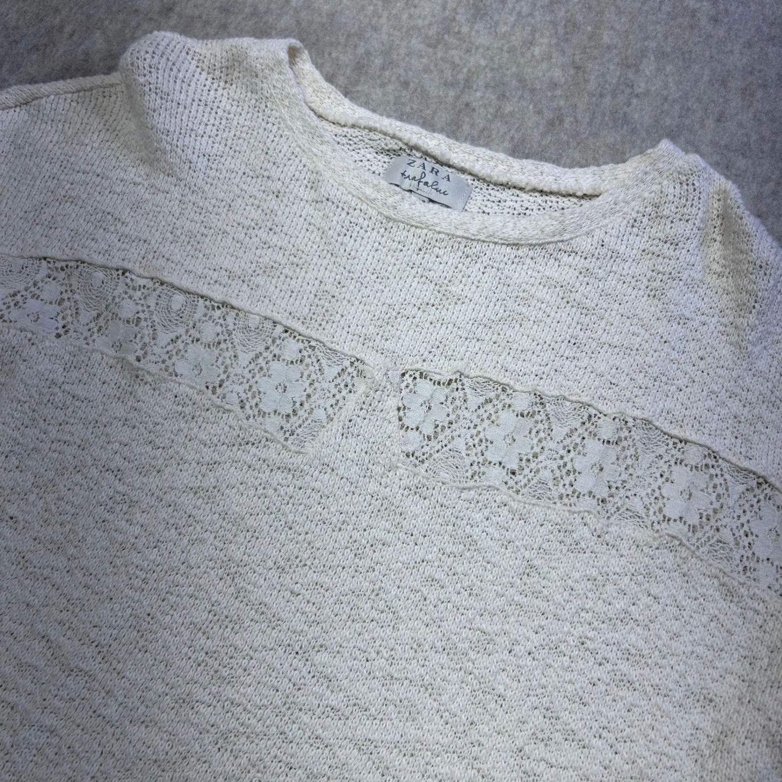ZARA Trafaluc Cream Knit Lace Insert Long Sleeve Sweater Women Size M - Image 2
