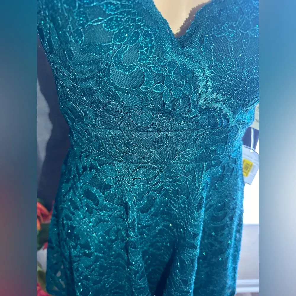 Pear culture Lace ruffle trim sparkly babydoll prom dress Green - Image 4