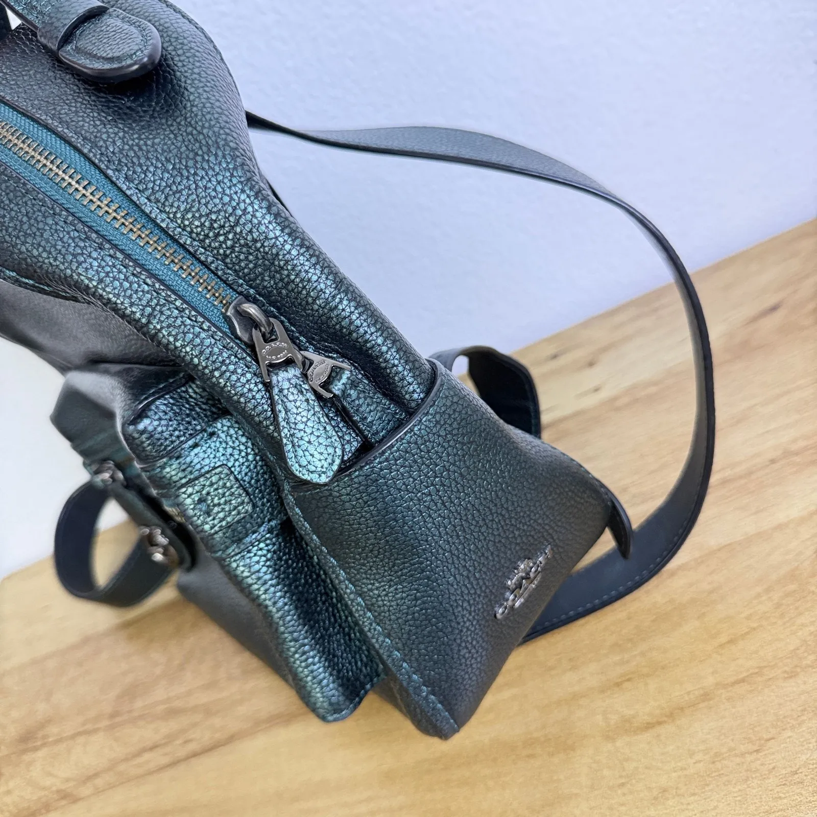 Coach Petite Campus Backpack 23 Green Metallic Polished Pebbled Leather Charm - Image 7