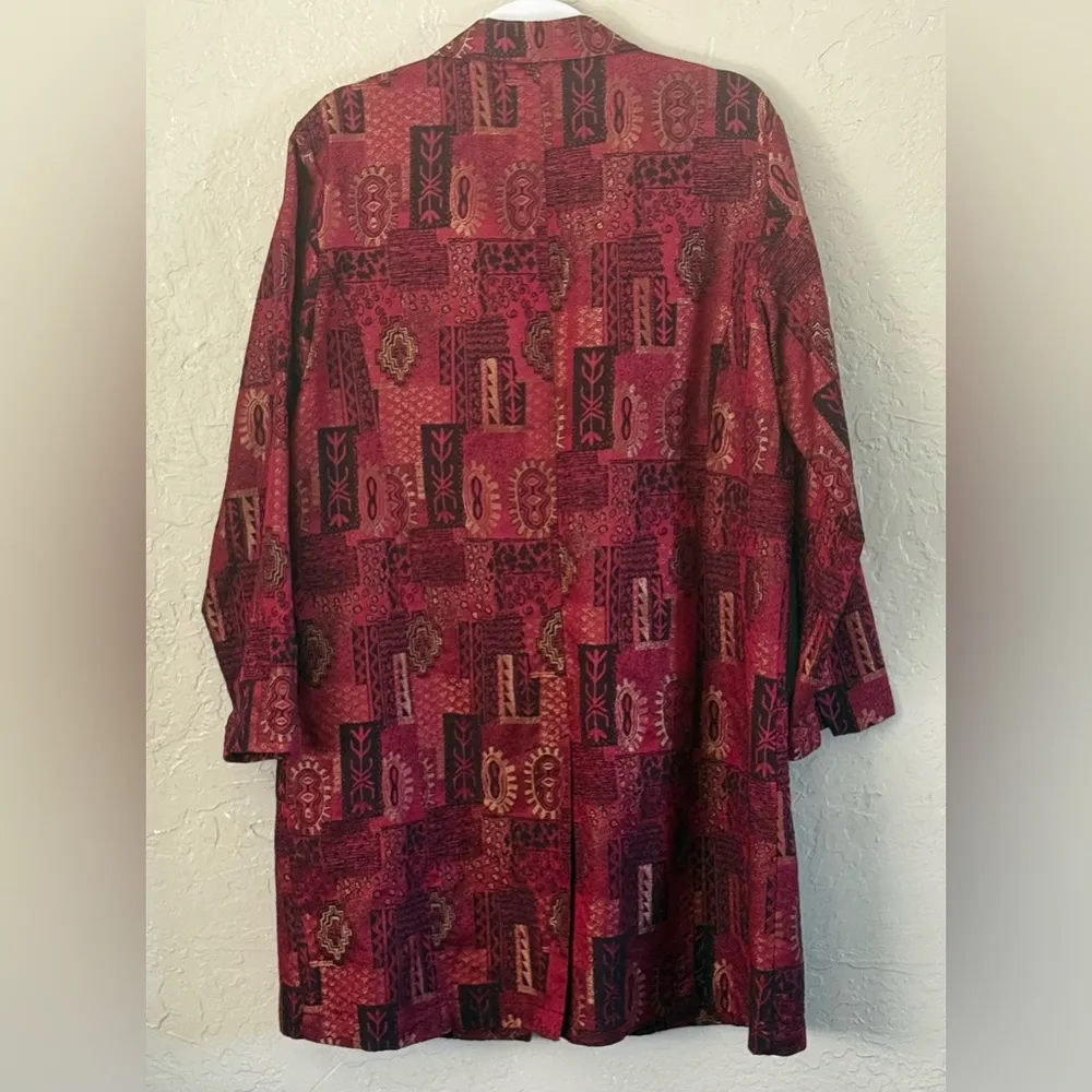 Vintage 80's Chico's Blazer Silk Duster Fashion Trench Red Metallic Print Size 2 - Image 12