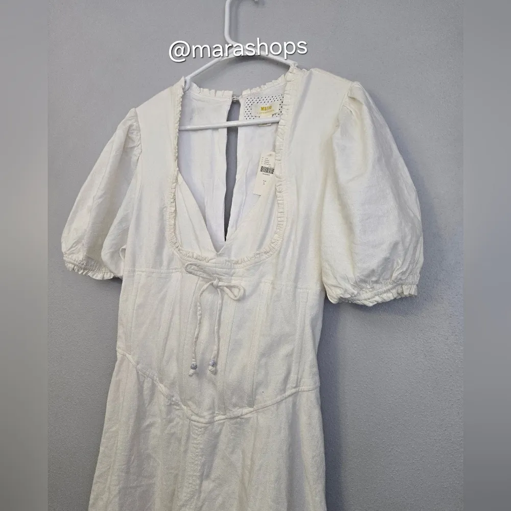 Maeve Puff-Sleeve Corset Linen Midi Dress - Image 4