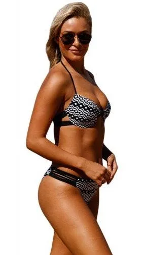 Geometric black & white padded cup bikini - Image 2