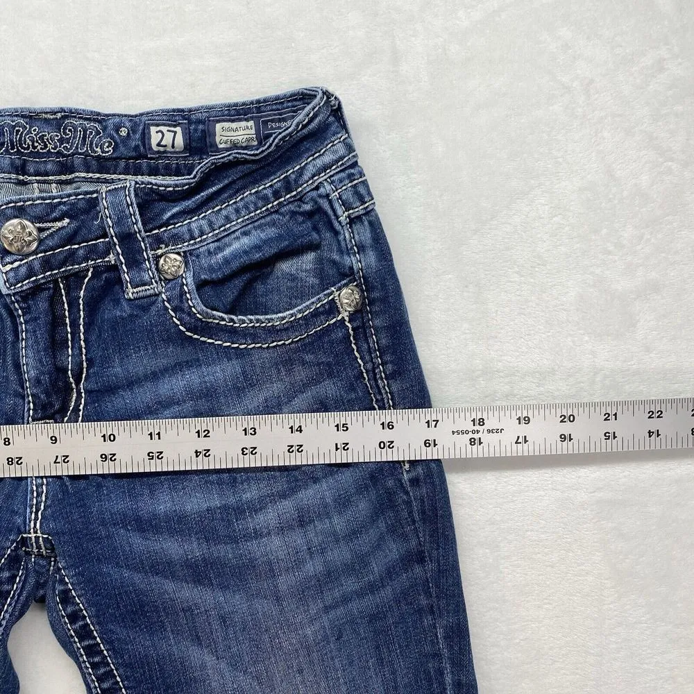 Miss Me Jeans Womens 27 cuffed capri blue Denim embellished fleur de lis Pockets - Image 4