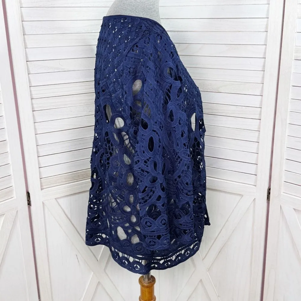 Adore Open Eyelet Lace Topper Cardigan Jacket Navy Blue Medium - Image 3