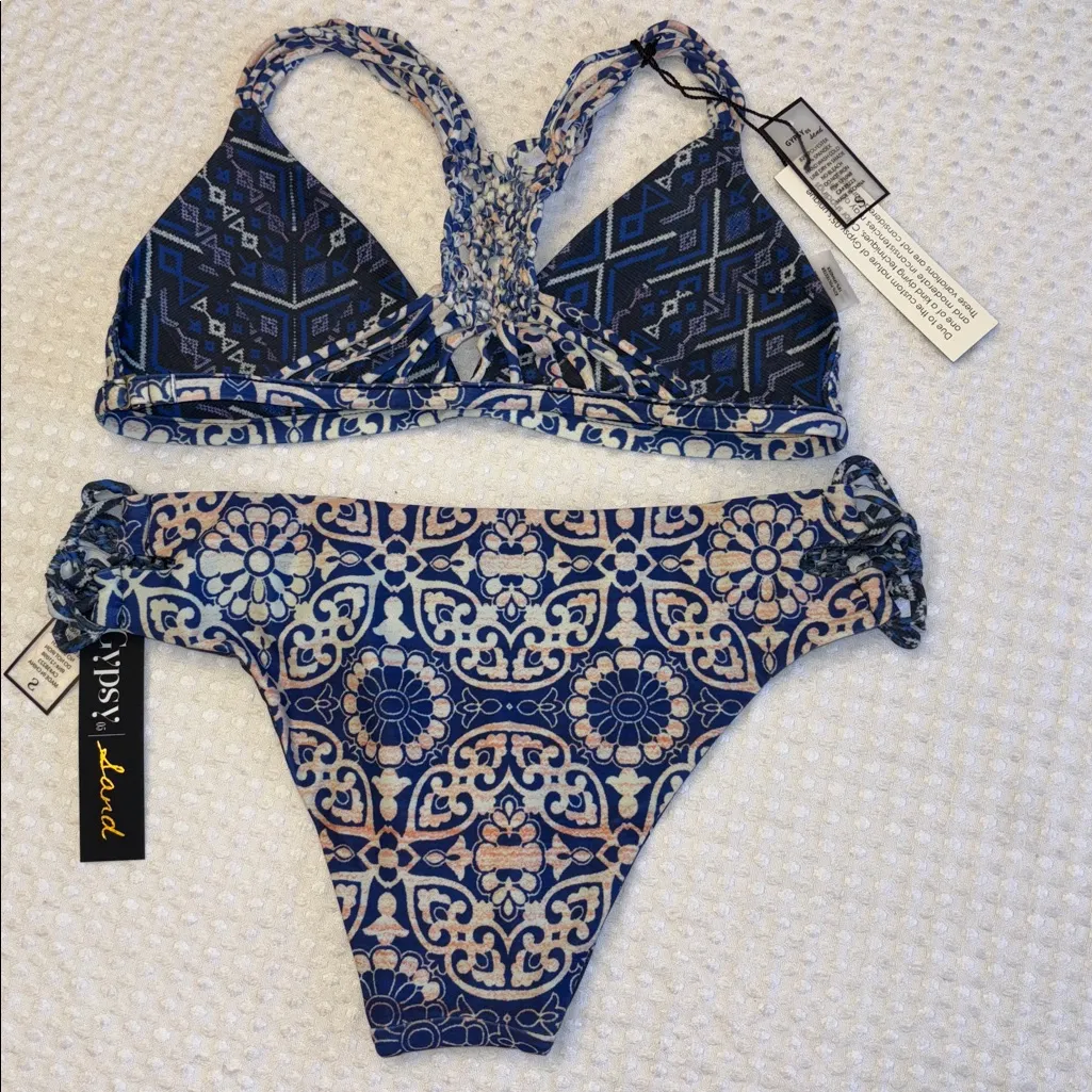 NEW! GYPSY 05 SAND Bikini Size S Small Racerback Top Cheeky Bottoms Blue Tile - Image 6