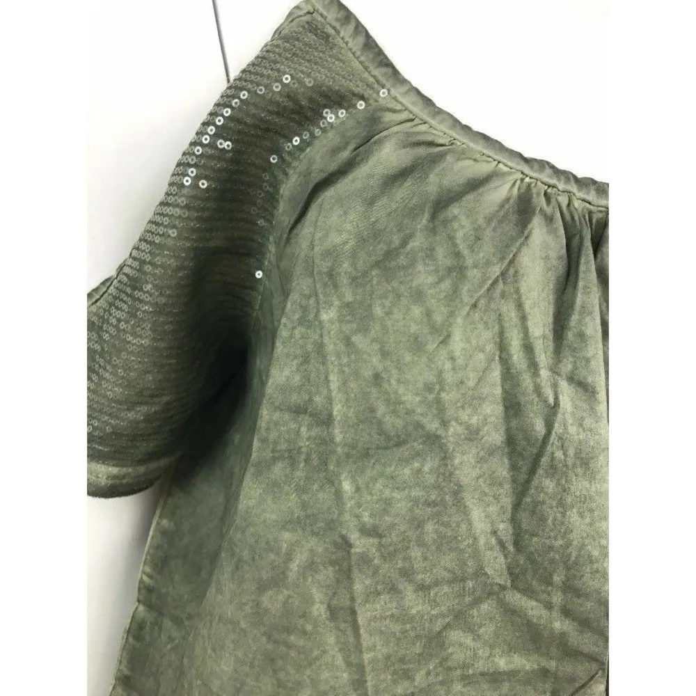 Marled Women's Cold Shoulder Sequined Crochet Hem Moss Green Medium Blouse - Image 2