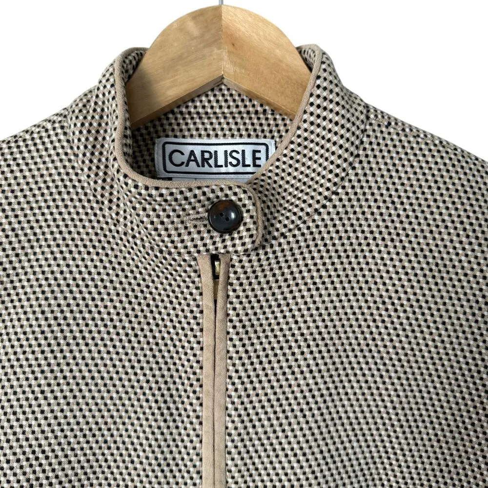 Carlisle Vintage 90s Woven Wool Blazer Jacket Tan Black High Collar Zip Up, Sz 4 - Image 2