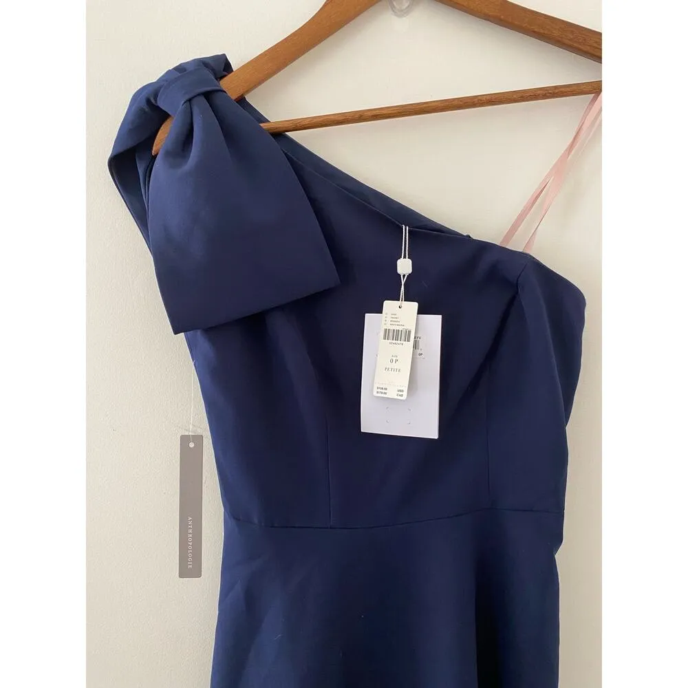 Gal Meets Glam Collection US 0P 0 Navy Blue Yvonne One Shoulder Mini Dress Bow - Image 4