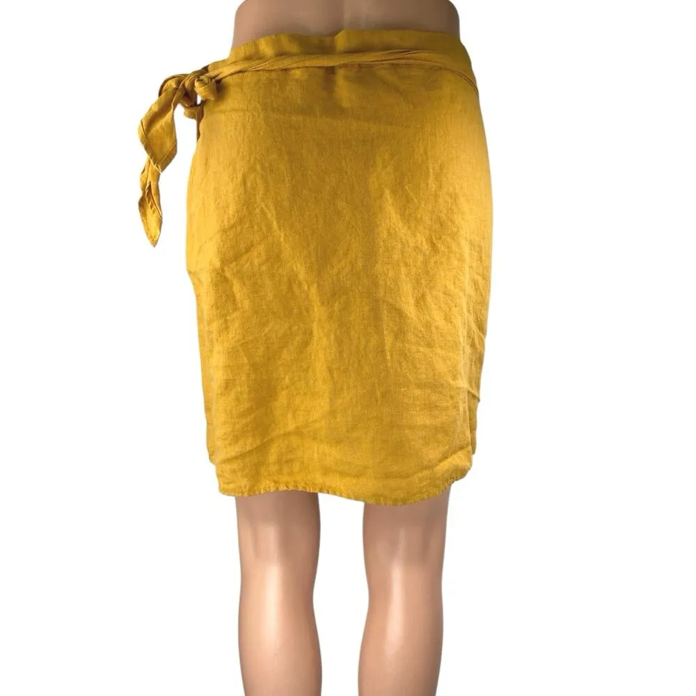Zara Yellow Linen Tie Waist Lightweight Mini Straight Pencil Wrap Skirt Size L - Image 3