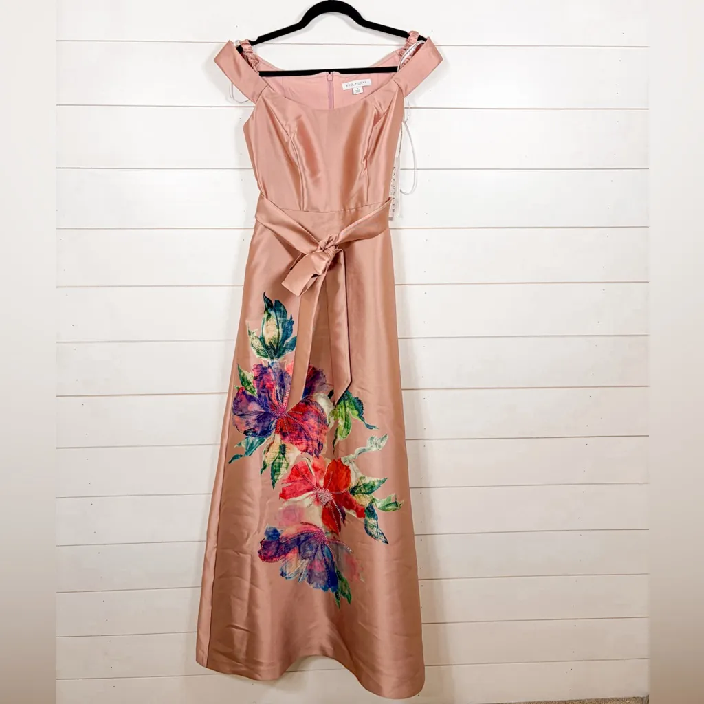 NEW Kay Unger Kitri Pink Satin Beaded Floral Evening Gown, Size 6, MSRP $398 - Image 6