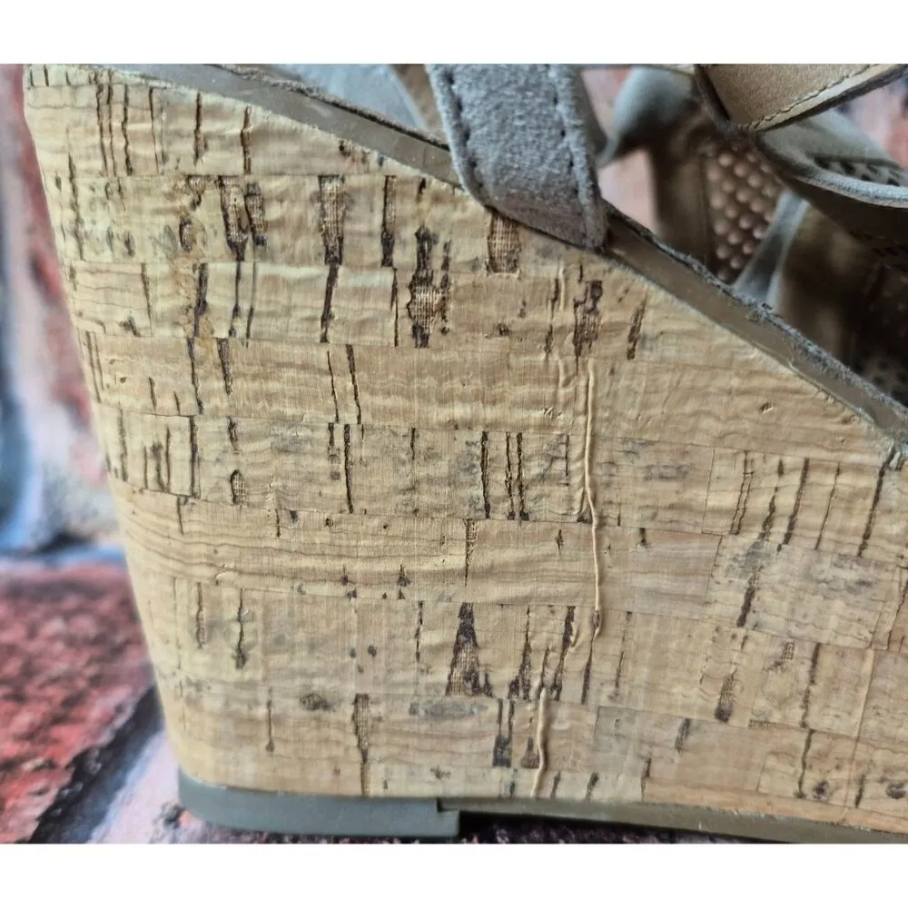 Franco Sarto Cork Platform Wedge Sling Back Sandal Taupe Size 10 Mesh Faux Suede - Image 7