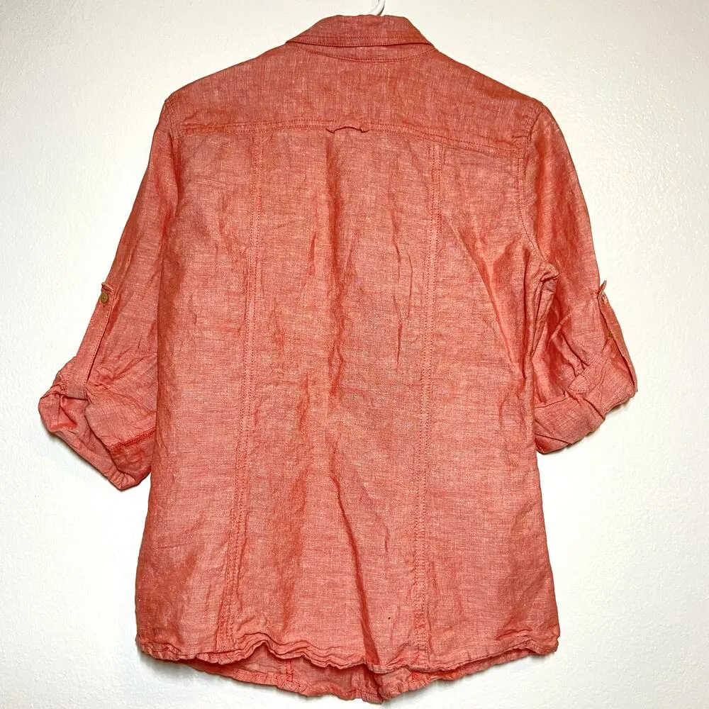 Max Studio Linen Button Up Top Long Sleeve  Salmon Orange Small - Image 4