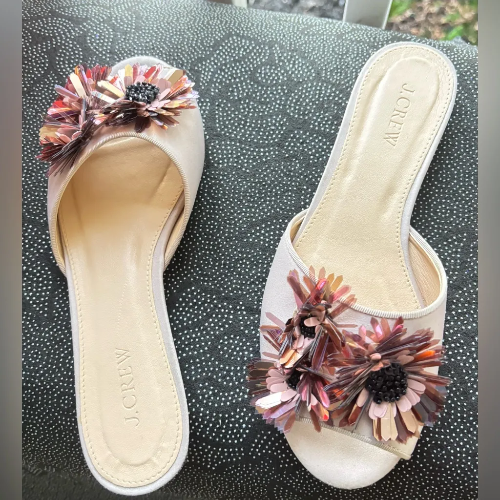 J.Crew Satin Slides with Floral Embellishments in a warm sandstone color - Image 4