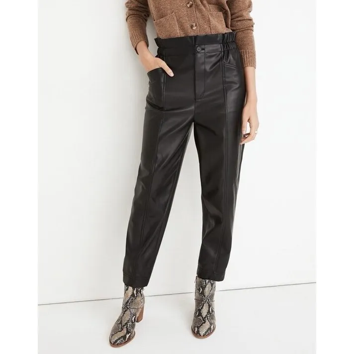 Madewell Women's High Rise Vegan Faux Leather Pull On Paperbag Pants Black‎ Sz 6 - Image 3
