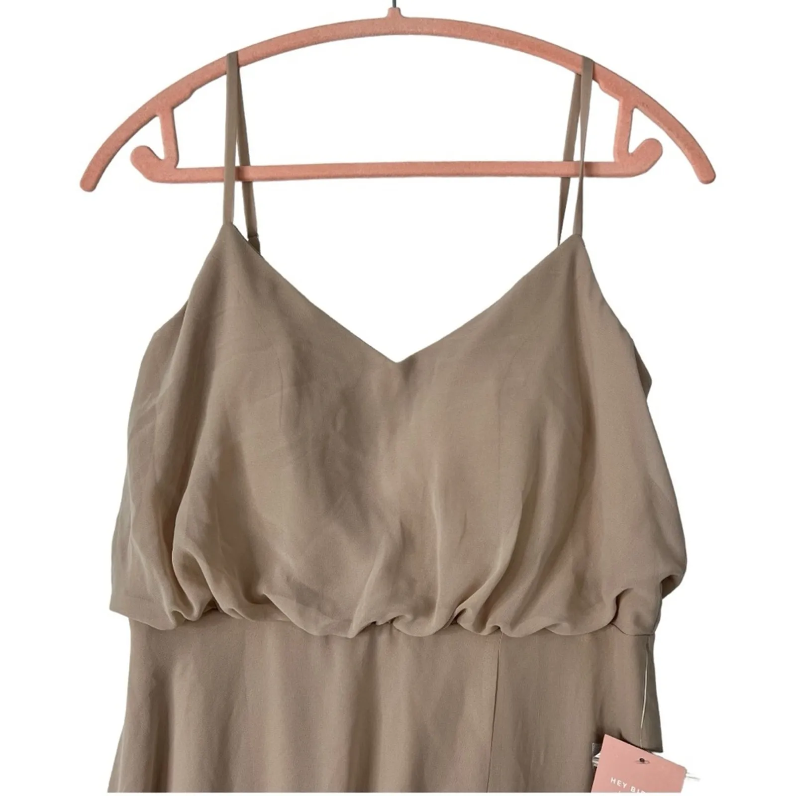 Birdy Grey Gwennie Chiffon Gown Sleeveless Spaghetti Straps Taupe Slit S NEW - Image 5